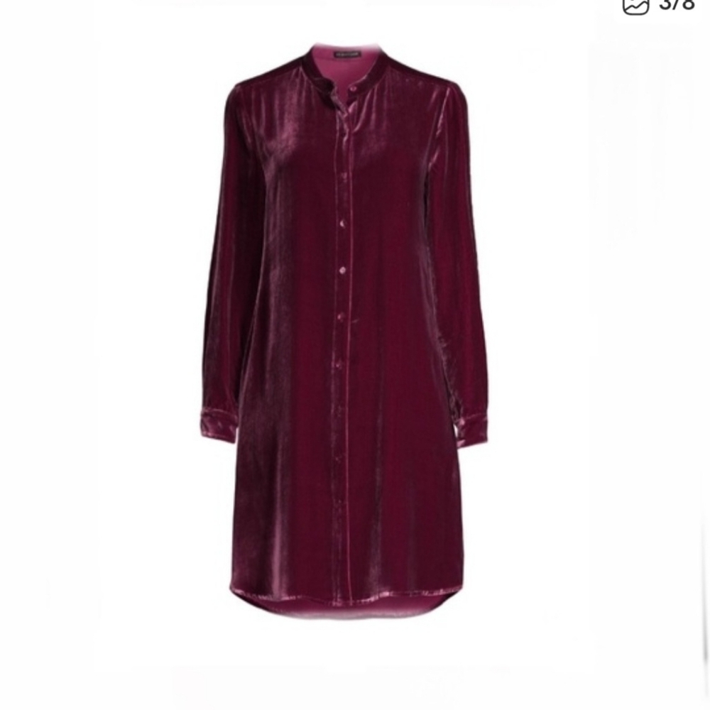 EILEEN FISHER VELVET MANDARIN COLLAR BURGUNDY Shirt Dress S/P - Picture 3 of 16